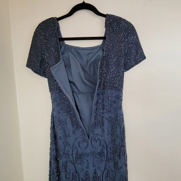 Sean Collection Beaded Long Gown Short Sleeve High Waist Blue Gray Dress Size Sm - Picture 9 of 15